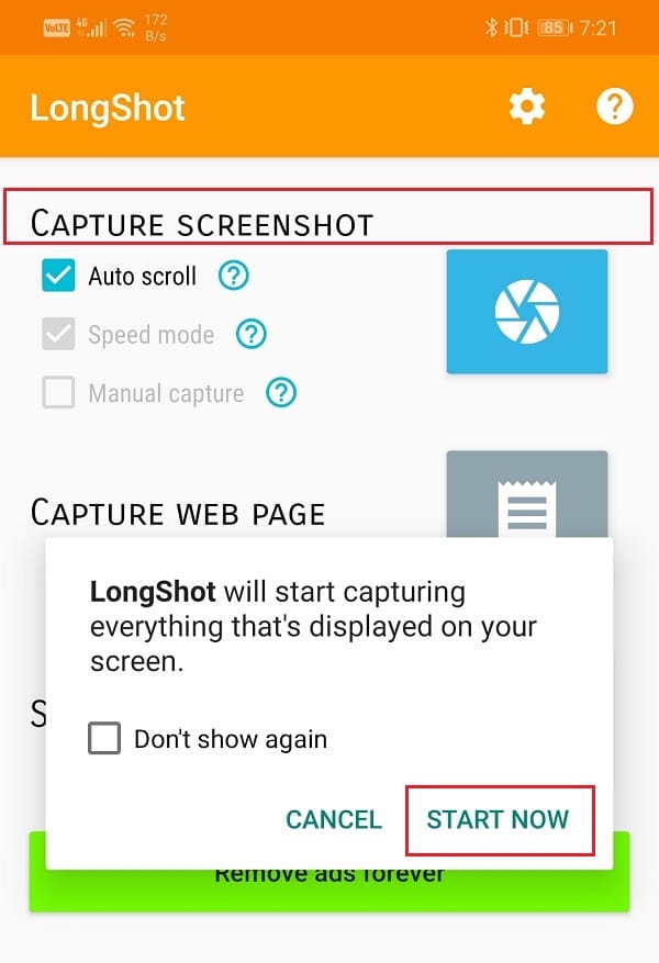 지금 시작 버튼을 클릭하십시오 |  Android에서 스크롤링 스크린샷을 캡처하는 방법