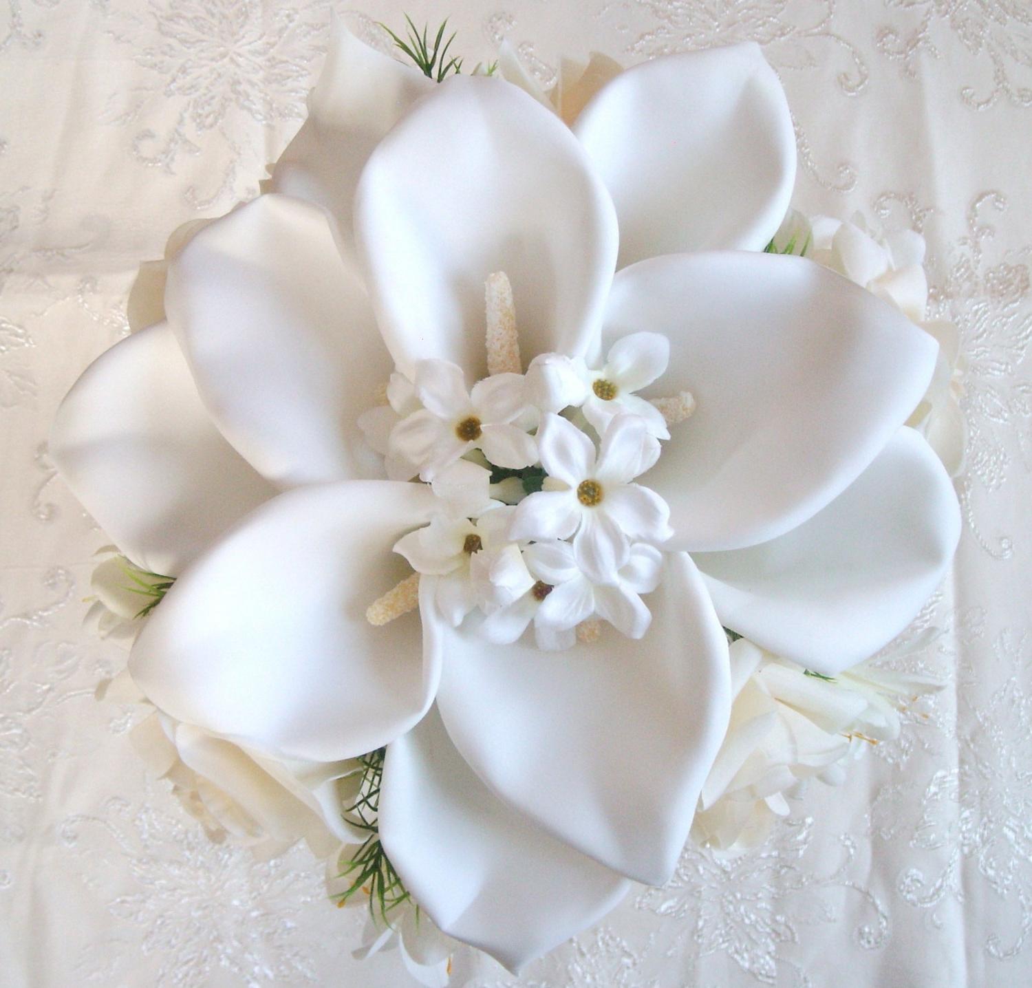 SILK CREAM   IVORY ROSES AND CALLAS HAND TIED WEDDING BOUQUET  CENTERPIECE