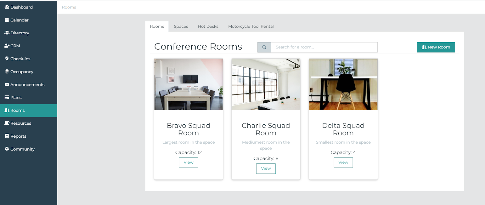 Screenshot of Coworks software to create a new conference room