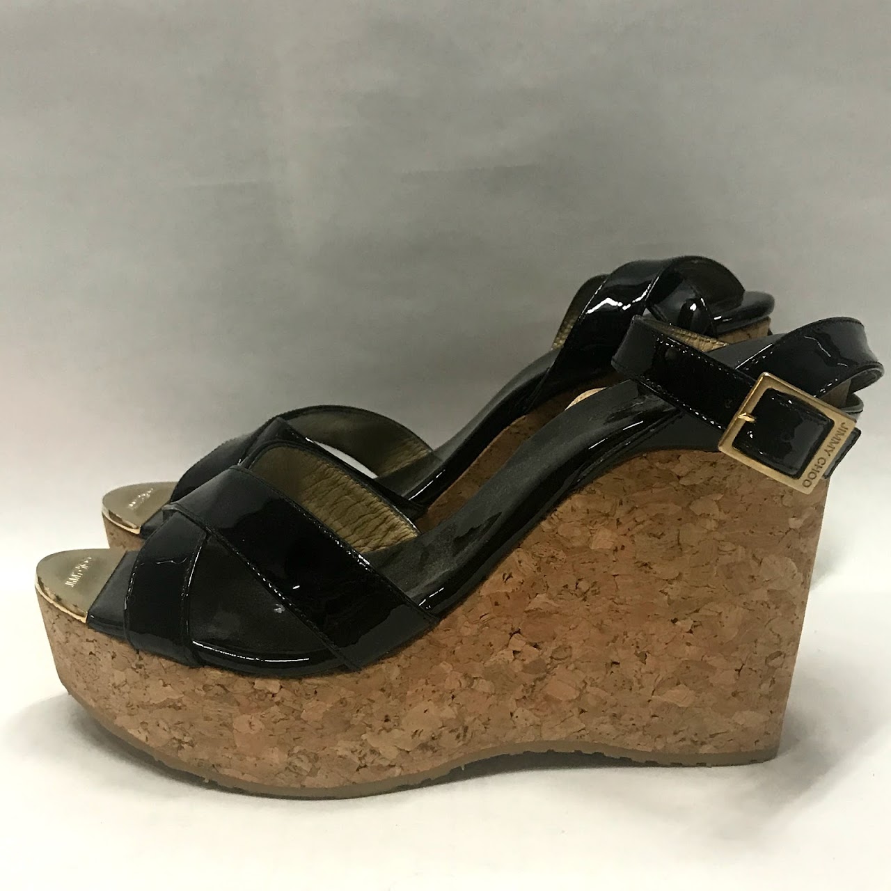 Jimmy Choo Patent Leather Black Cork Wedges