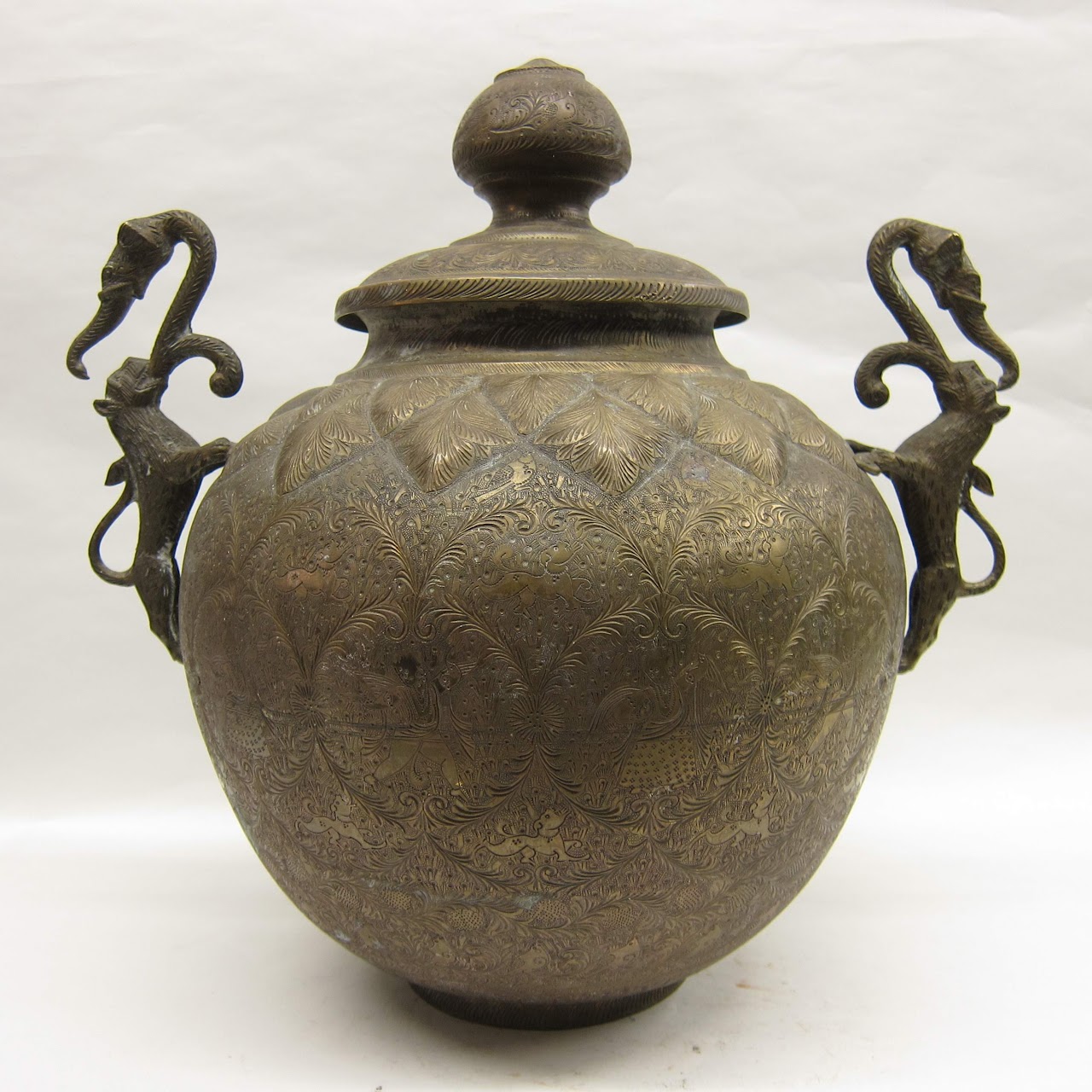 Brass Engraved, Lidded Urn