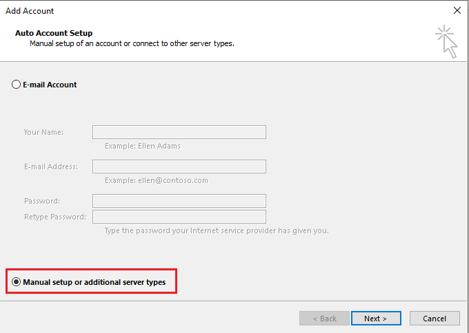 En la ventana Cuenta, seleccione Configuración manual o tipos de servidores adicionales