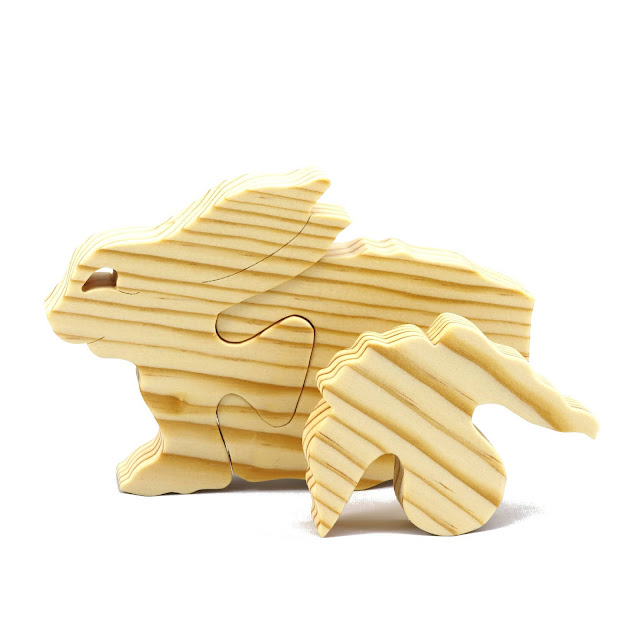 Handmade Wood Toy Rabbit Puzzle A Simple Three Part Puzzle for Toddlers an Preschoolers