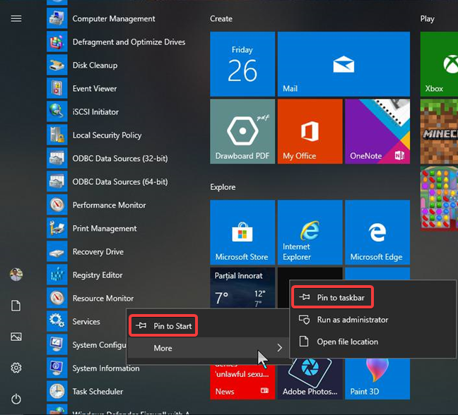 Anclar a Inicio y Anclar a la barra de tareas en Windows 10