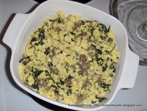 photo of the scrambled eggs with bacon, sausage,spinach, and feta cheese