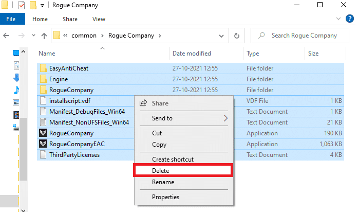 Seleccione todos los archivos dentro de la carpeta del juego, haga clic derecho y seleccione la opción Eliminar para eliminar el juego de su PC.