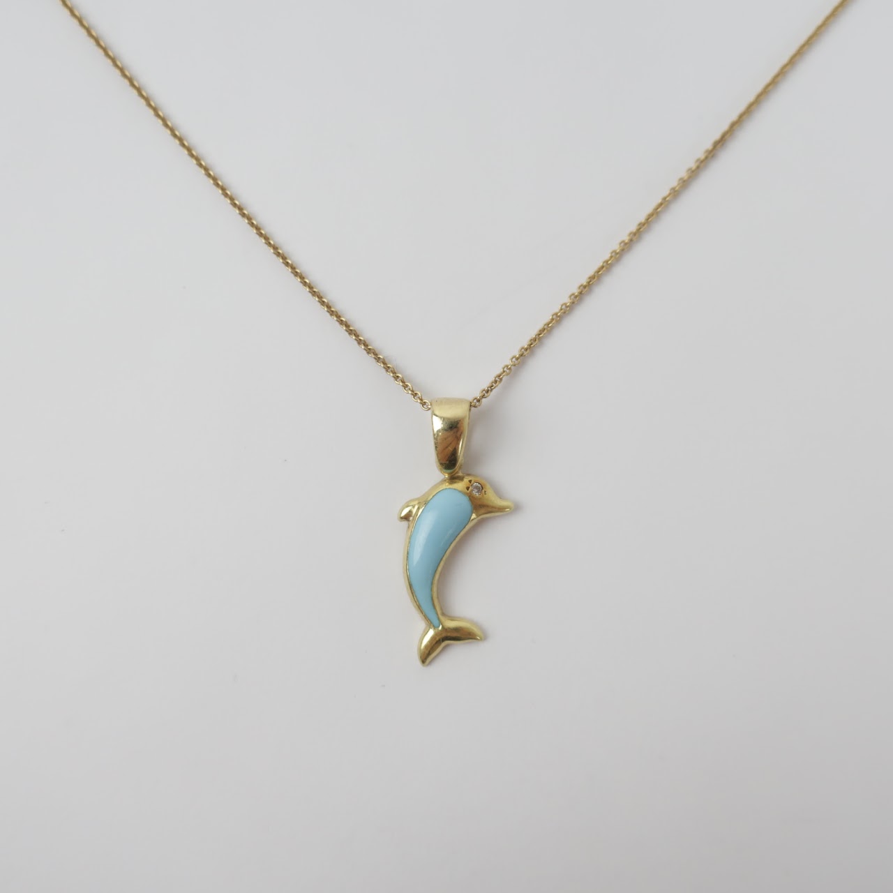 14K Gold, Enamel, and Clear Stone Dolphin Pendant Necklace