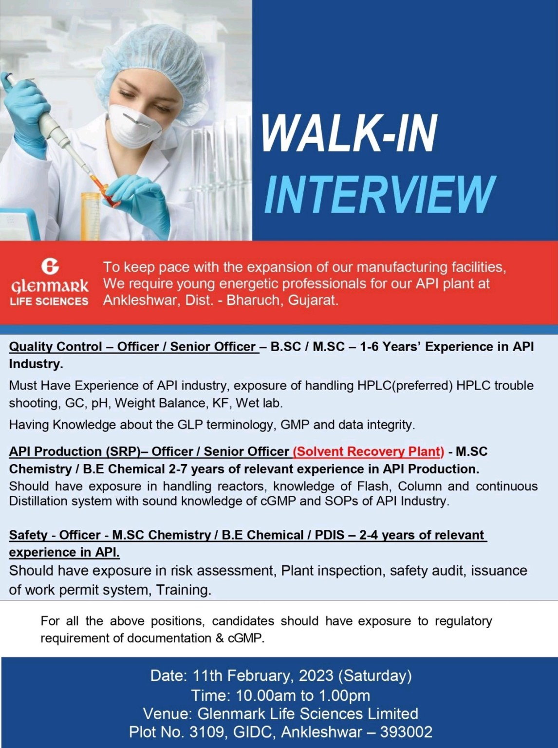 Glenmark Life Sciences Ltd Walk In Interview For BSc/ MSc/ BE Chemical