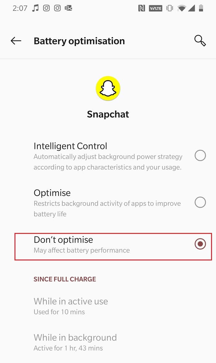 แตะที่ตัวเลือก Do Not Optimize เพื่อปิด |  วิธีแก้ไขการแตะเพื่อโหลด Snapchat Error