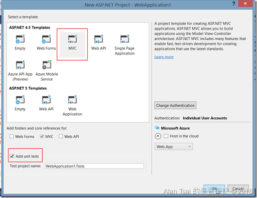 選擇Mvc，然後勾選unit test