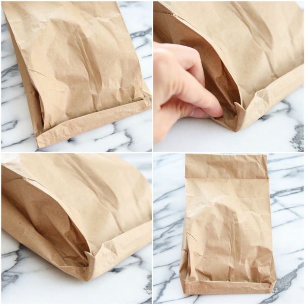 step by step photos showing how to prepare the bag for making popcorn