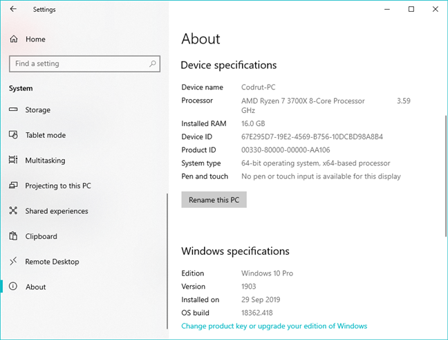 Windows 10 Pro, versione 1903, build 18362.418