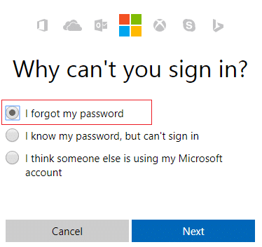 Выберите переключатель «Я забыл пароль» и нажмите «Далее».