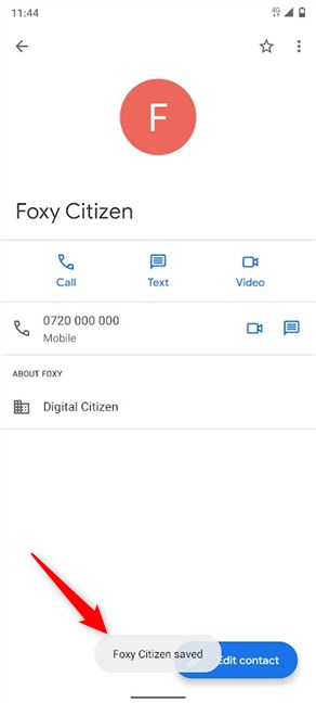 Je contact is opgeslagen in je Google-account