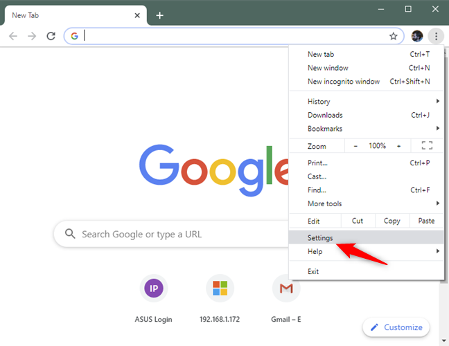 L'option Paramètres du menu de Chrome