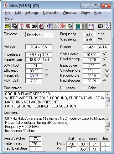 4nec2
                      Calculations for the 50 MHz Halo Antenna at 118
                      inches or 3 m (0.5 λ) above simulated ground. I
                      used the high-pass L-network tool to simulate the
                      gamma match to match for 50 ohms impedance.