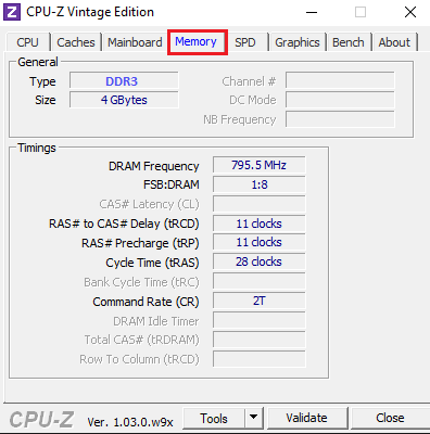 Přejděte na kartu paměti a zkontrolujte rychlost RAM, velikost a typ ve Windows 10