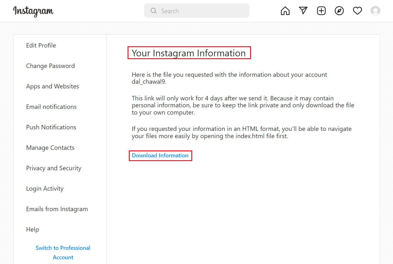 cliquez sur l'option d'informations de téléchargement dans la version de bureau de la page instagram