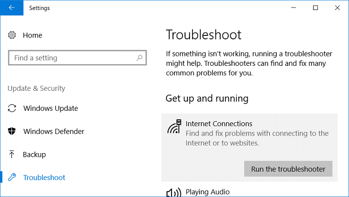 [インターネット接続]をクリックしてから、[トラブルシューティングツールの実行]をクリックします