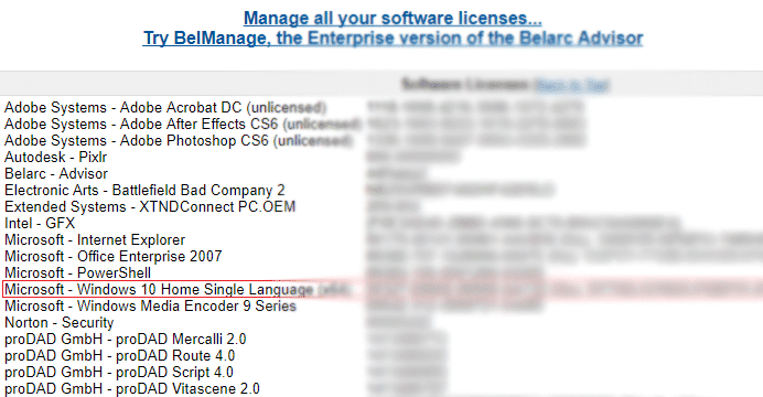 Sous Licences logicielles, vous trouverez une clé de produit alphanumérique à 25 caractères