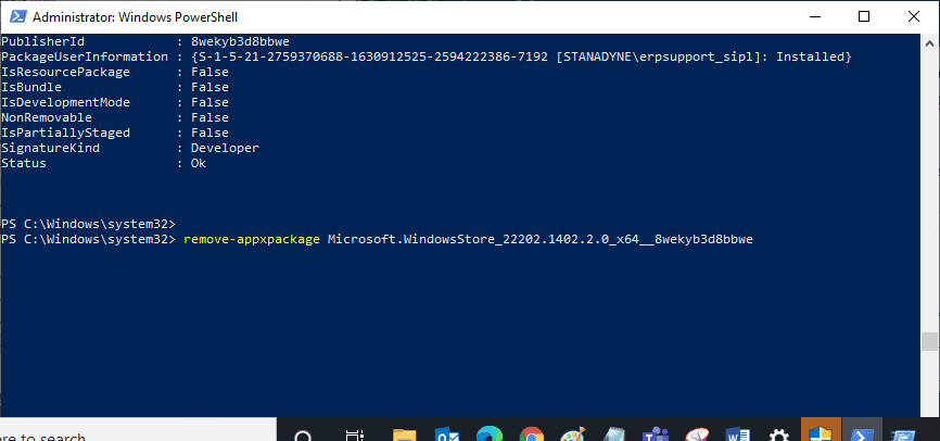 ตอนนี้ ไปที่บรรทัดใหม่ในหน้าต่าง PowerShell แล้วพิมพ์ remove appxpackage ตามด้วยช่องว่างและบรรทัดที่คุณได้คัดลอกไว้ในขั้นตอนก่อนหน้า