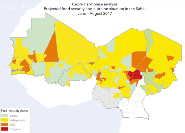 Projected food security and nutrition situation in the Sahel for June – August 2017. Graphic: UN