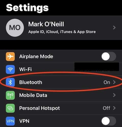 Bluetooth nella finestra Impostazioni su un iPhone