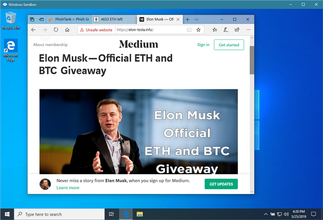 Een phishing-website bezoeken in Windows Sandbox