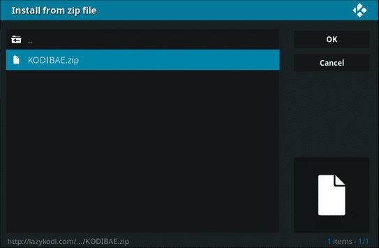 En la siguiente pantalla, seleccione KODIBAE.zip y luego espere la notificación de éxito