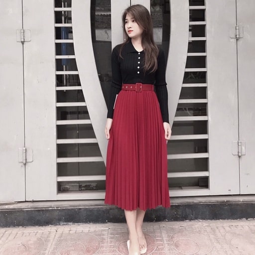 Chân Váy Xếp Ly Kèm Đai MIDI Vintage Dáng Công Sở Lưng Cao