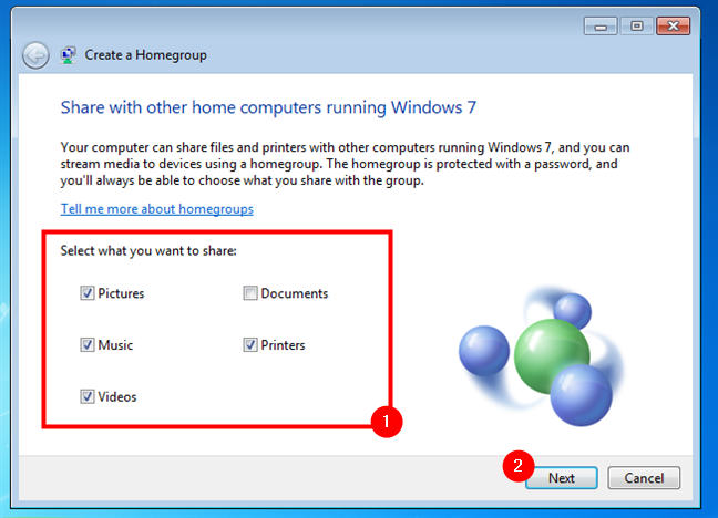 Выбор того, чем поделиться в домашней группе Windows 7
