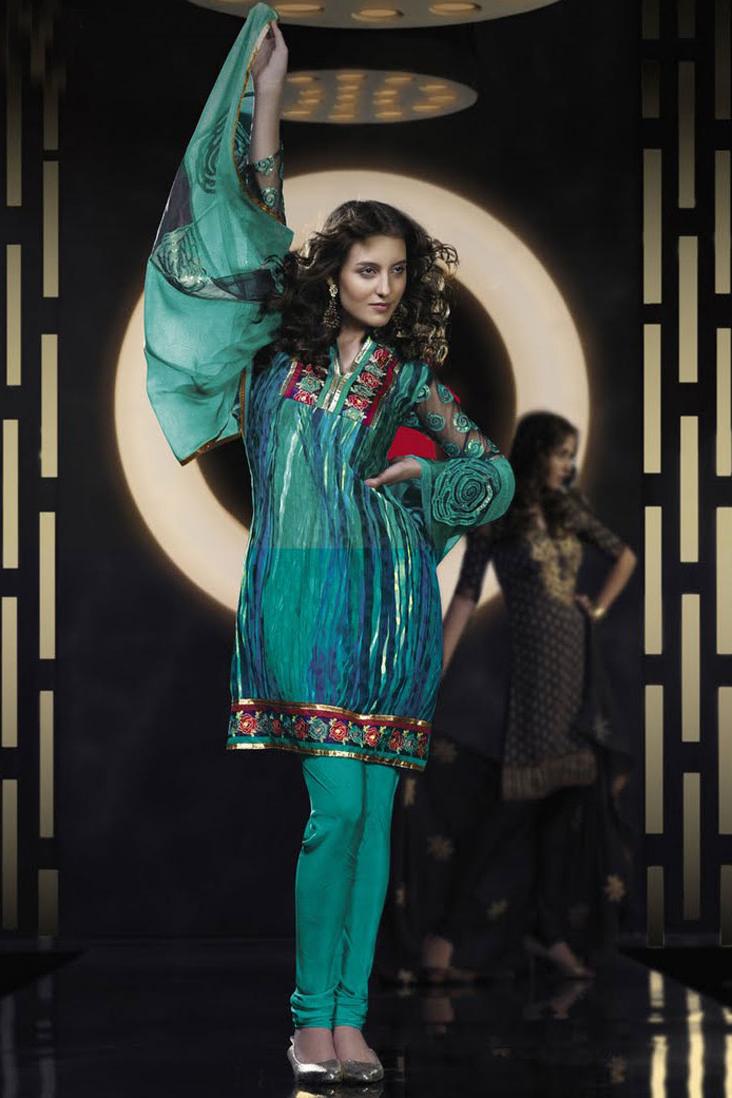 Turquoise Embroidered Crepe Silk Wedding Salwar Kameez   65.00