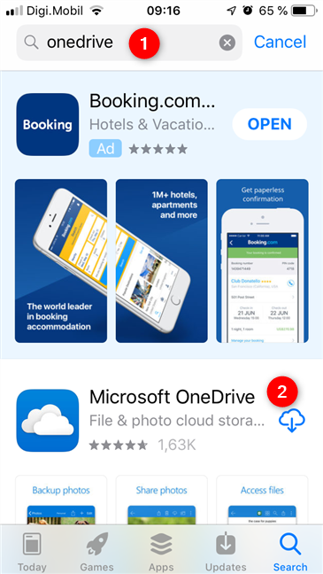 Поиск OneDrive в App Store