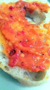 Bread with Ajvar, a traditional condiment and spread made from pureed fire roasted sweet red bell peppers at Drina Daisy, a Bosnian Restaurant in Astoria, OR