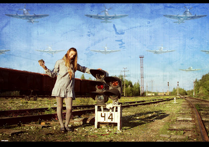 woman with rock on blue sky dark room portal