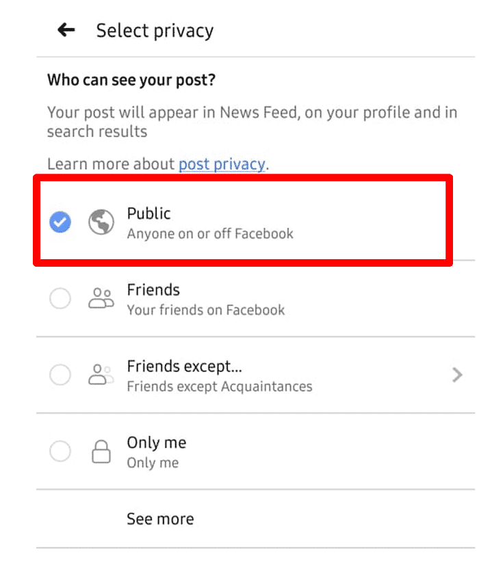 ในหน้าจอ Select Privacy ที่เปิดขึ้น ให้เปลี่ยนการตั้งค่าเป็น Public