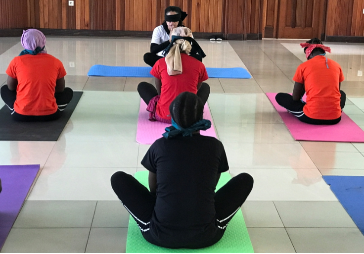 Congolese dance teacher Amina Lusambo conducts a dance session for rape survivors at a rehabilitation centre attached to the Panzi Hospital in Bukavu, South Kivu province in eastern Democratic Republic of Congo on April 19, 2021.