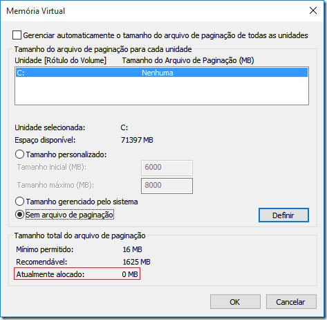 Verifique se a memória virtual realmente foi alterada de acordo com a informação em Atualmente alocado