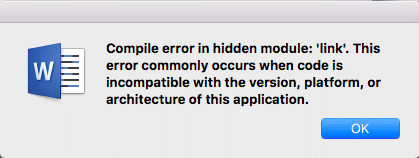 Исправить ошибку компиляции в скрытом модуле с помощью Word для Mac