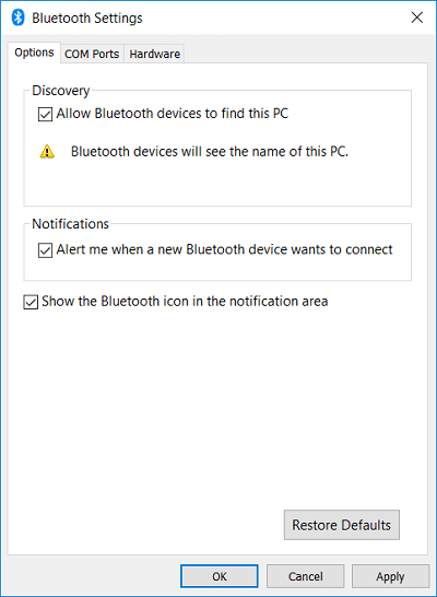 Schakel onder Meer Bluetooth-optie het vinkje uit Sta Bluetooth-apparaten toe om deze pc te vinden