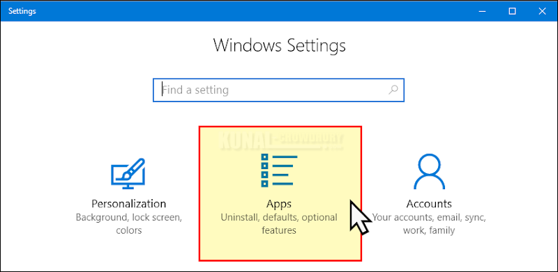 Windows 10 Settings page - Navigate to 'Apps' (www.kunal-chowdhury.com)