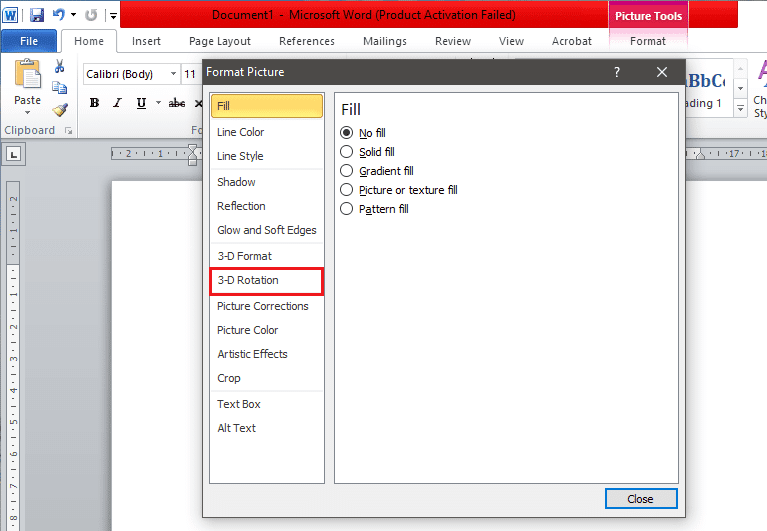 Aparecerá un cuadro de configuración de 'Formato de imagen', en su menú, seleccione 'Rotación 3-D'