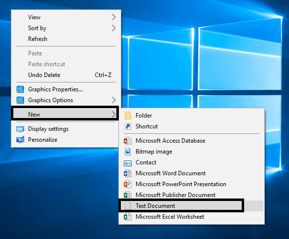 Щелкните правой кнопкой мыши на рабочем столе и перейдите к «Создать», затем «Текстовый файл».