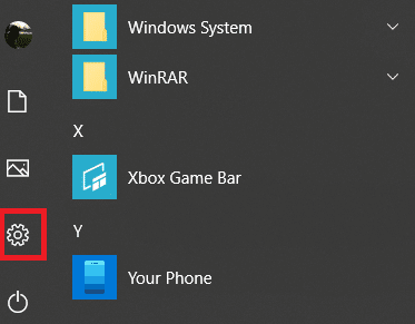 Kliknutím na ikonu ozubeného kola/ozubeného kola spusťte Nastavení systému Windows |  Zakažte proces YourPhone.exe v systému Windows 10