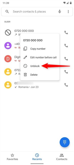 Appuyez sur Débloquer dans le menu contextuel d'un numéro