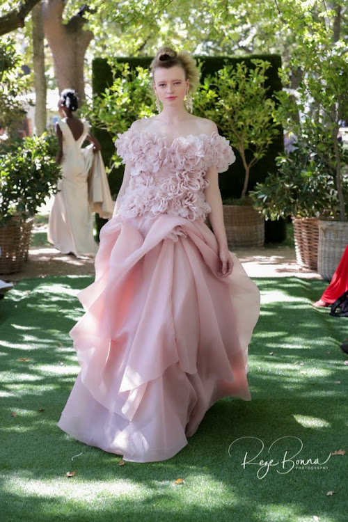 Model wears David Tlale design at Boschendal.