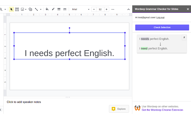 Screenshot of Grammar Correction for Google Slides™ by Wordeep