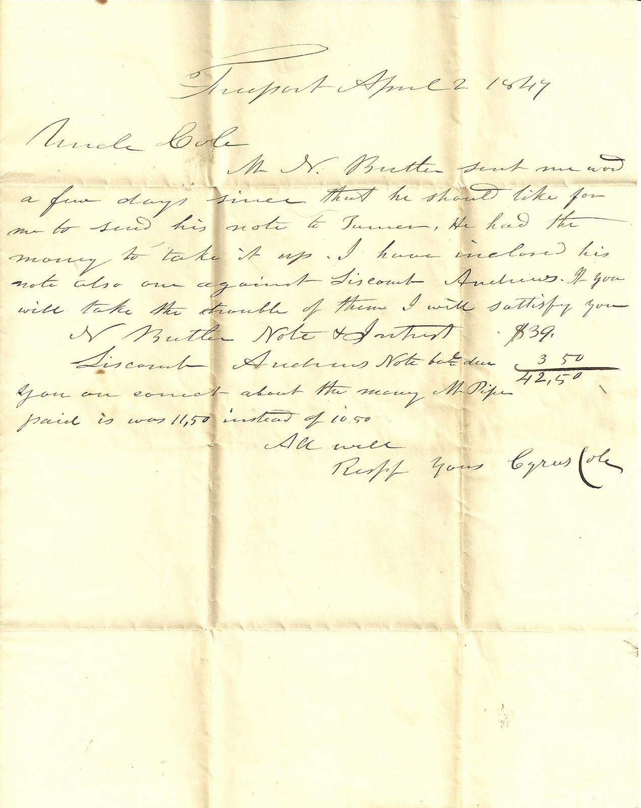 Heirlooms Reunited: 1847 Letter from Cyrus Cole in Freeport, Maine, to ...