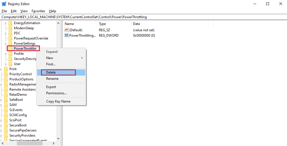 Vyhledejte klíč PowerThrottling ve složce Power a klikněte na něj pravým tlačítkem.  Poté vyberte možnost Odstranit, abyste povolili omezení výkonu.  Oprava tepelného škrcení notebooku