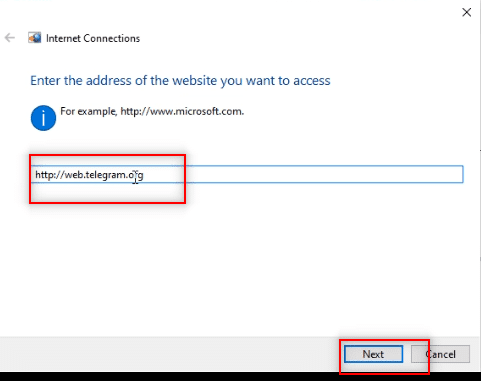ป้อนที่อยู่เว็บของ Telegram ในแถบแล้วคลิก Next